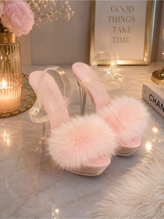 Fashion Nova Shoes - Fashion Nova Pink Clear-Strap Faux Fur Platform Heels